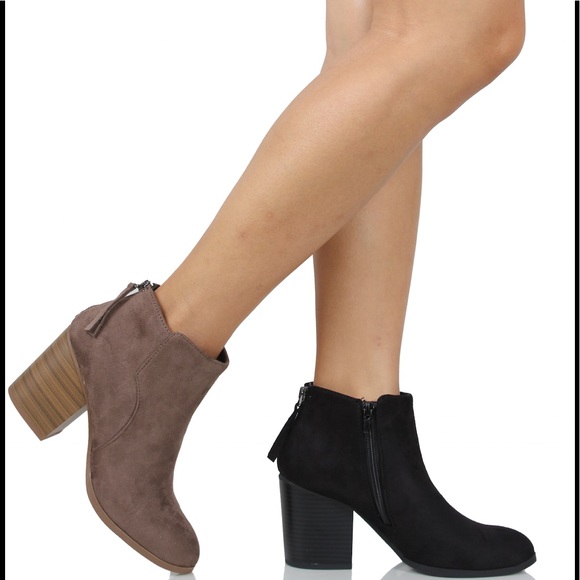 Taupe almond toe back tassel Stacked heel boot - Picture 5 of 6